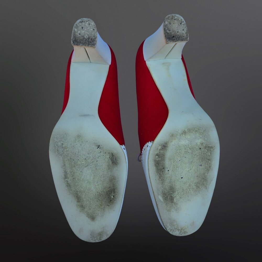 Vintage Socialites Spectator Heels Pumps Size 8 Red White 70s Does 40s Lace Up - Picture 11 of 11
